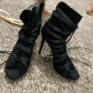 Strappy peep toe suede and leather heel